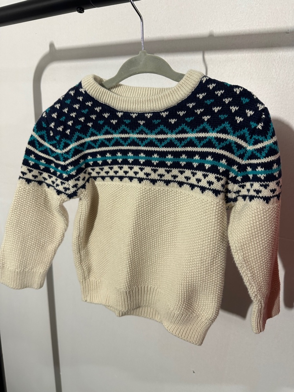 Cherokee Cream Sweater with Teal & Navy Patterned Yoke